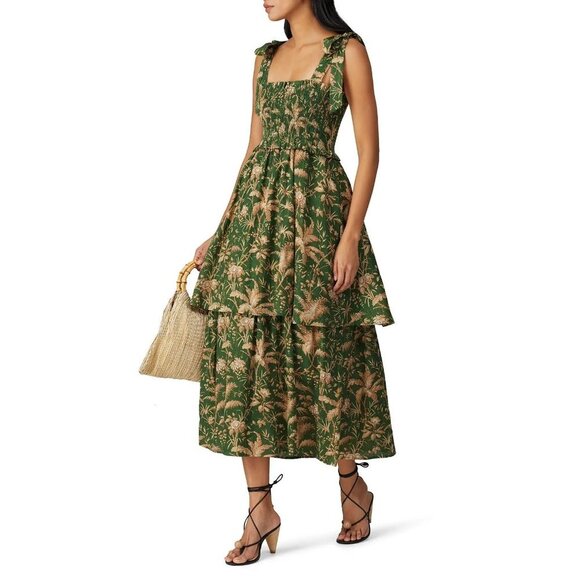 Rebecca Taylor La Vie Talita Green Sleeveless Smocked Midi Dress Women's Small S